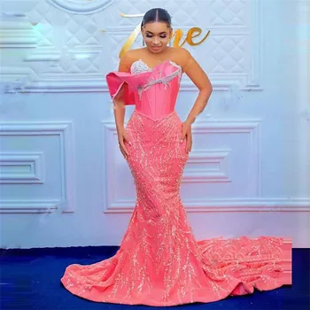 Aso Ebi, африканское платье для выпускного вечера, robe de soiree, Розовые аппликации, вышитые бисером Элегантные вечерние платья, кристаллы, Русалка