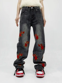 Джинсы YIHANKE Y2k со звездным принтом, ретро-джинсы в американском стиле, уличные рваные брюки с прямыми штанинами, мужские свободные джинсы