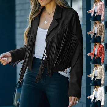 Женская модная однотонная куртка из искусственной замши с бахромой, модная мотоциклетная укороченная куртка с бахромой, женский свитер