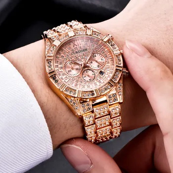 Мужские роскошные деловые кварцевые часы, модные деловые часы с календарем на стальном ремне, украшенные бриллиантами, наручные часы, мужские часы