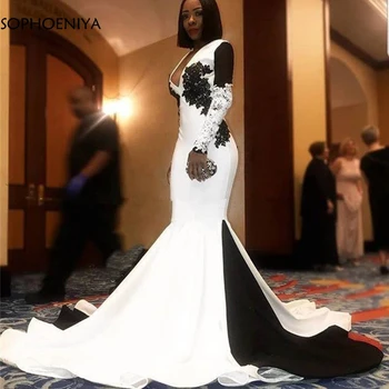 Новое поступление, черно-белые вечерние платья с длинными рукавами, V-образный вырез, спинка, Русалка, Африканские вечерние платья Robe Soiree