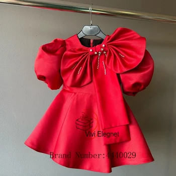 Очаровательные красные платья в цветочек для девочек с бантом, расшитым бисером, платья для свадебной вечеринки с коротким рукавом 2023 года с атласным бантом из уммера