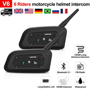 Шлем-гарнитура для мотоциклетного домофона V6 Bluetooth с беспроводной связью BT5.1 1200 М, Переговорное устройство для 6 всадников, аксессуары для мотоциклов, Поддержка GPS